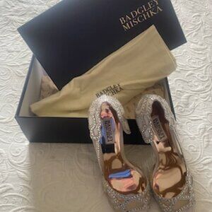 Badgley Mischka festive heels, size 7.5, color is off-white with sequins.